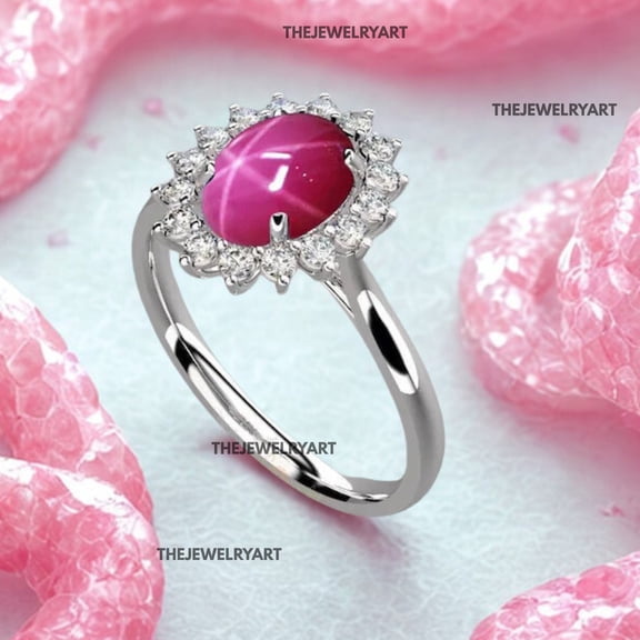 thejewelryart 925 Sterling Silver Pink Star Sapphire Halo Ring Vintage-Inspired Halo Setting Statement Jewelry Gem Ring for Women Silver 3