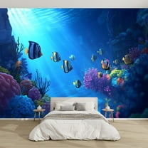 Canvas Modern Wallpaper Murals 3D Bright Underwater Coral Scene Tropical Fish Peel and Stick Removable Self-Adhesive Wall Stickers for Nursery Kids Bedroom TV Wall Decor