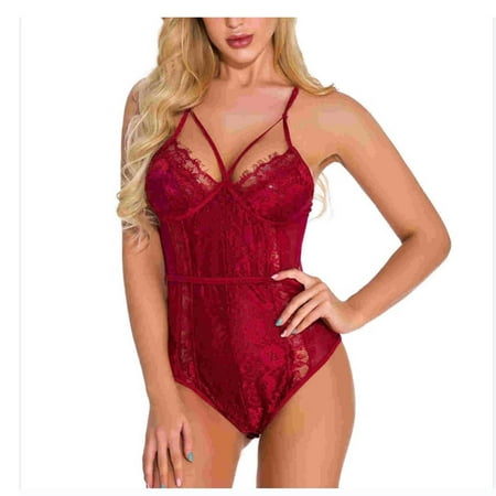 Pimfylm Halter Bodysuit For Women Lingerie for Women Teddy One-Piece Lace Bodysuit Nightie Plus Size Watermelon Red Small