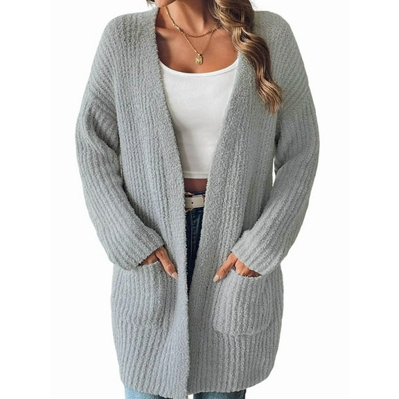 Open Front Women Casual Fall Sweater Long Sleeve with Pockets Sweater Cardigan Gray S