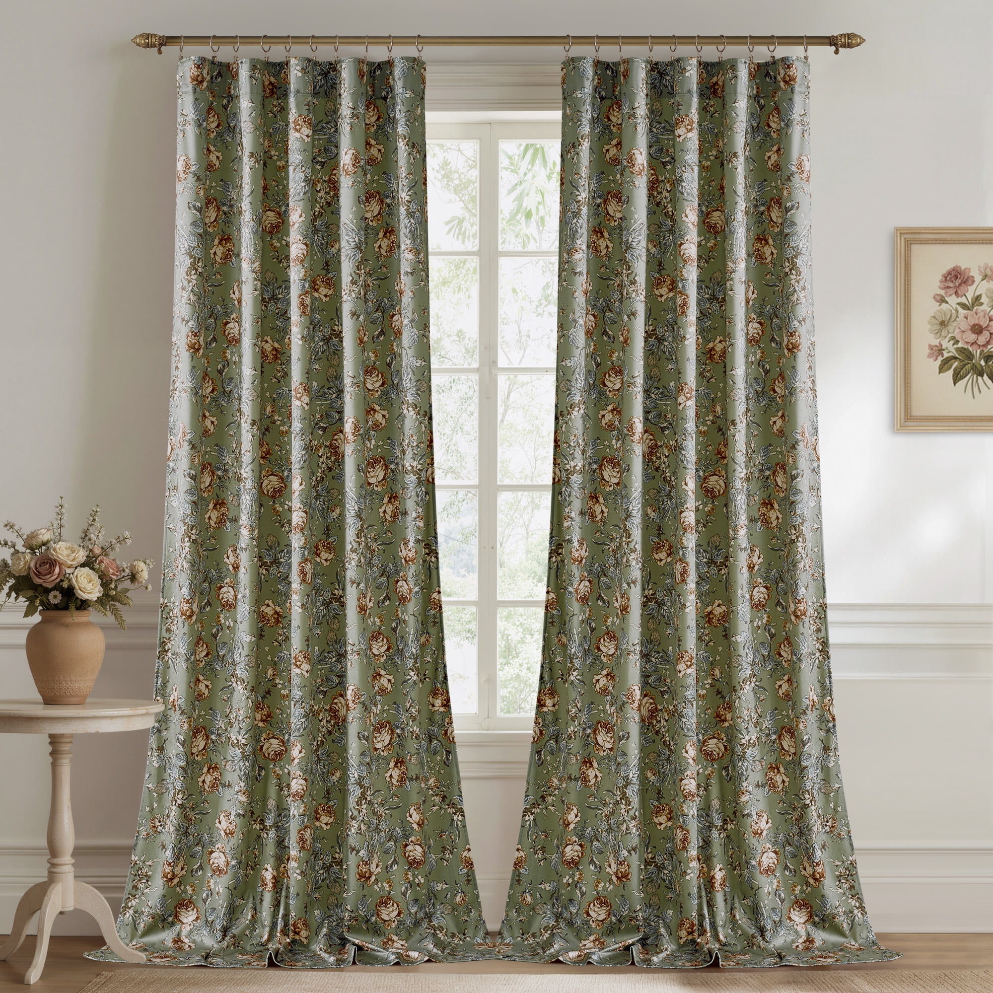 StangH Green Floral Curtains for Living Room, Soft Velvet Peony Print with Cottage Privacy Window Drapes for Living Room, Sage Green, W52 x L84, 2 Panels