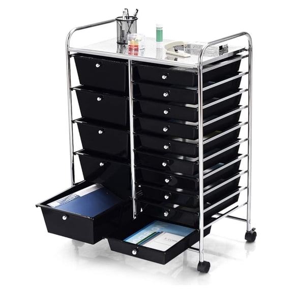 Rolling Cart with 15 Drawers, Clear Plastic Drawer Organizer w/Lockable Wheels, Removable & 2-Sized Storage Drawers, Art Cart for School Home Art Supplies File Scrapbook (Black)