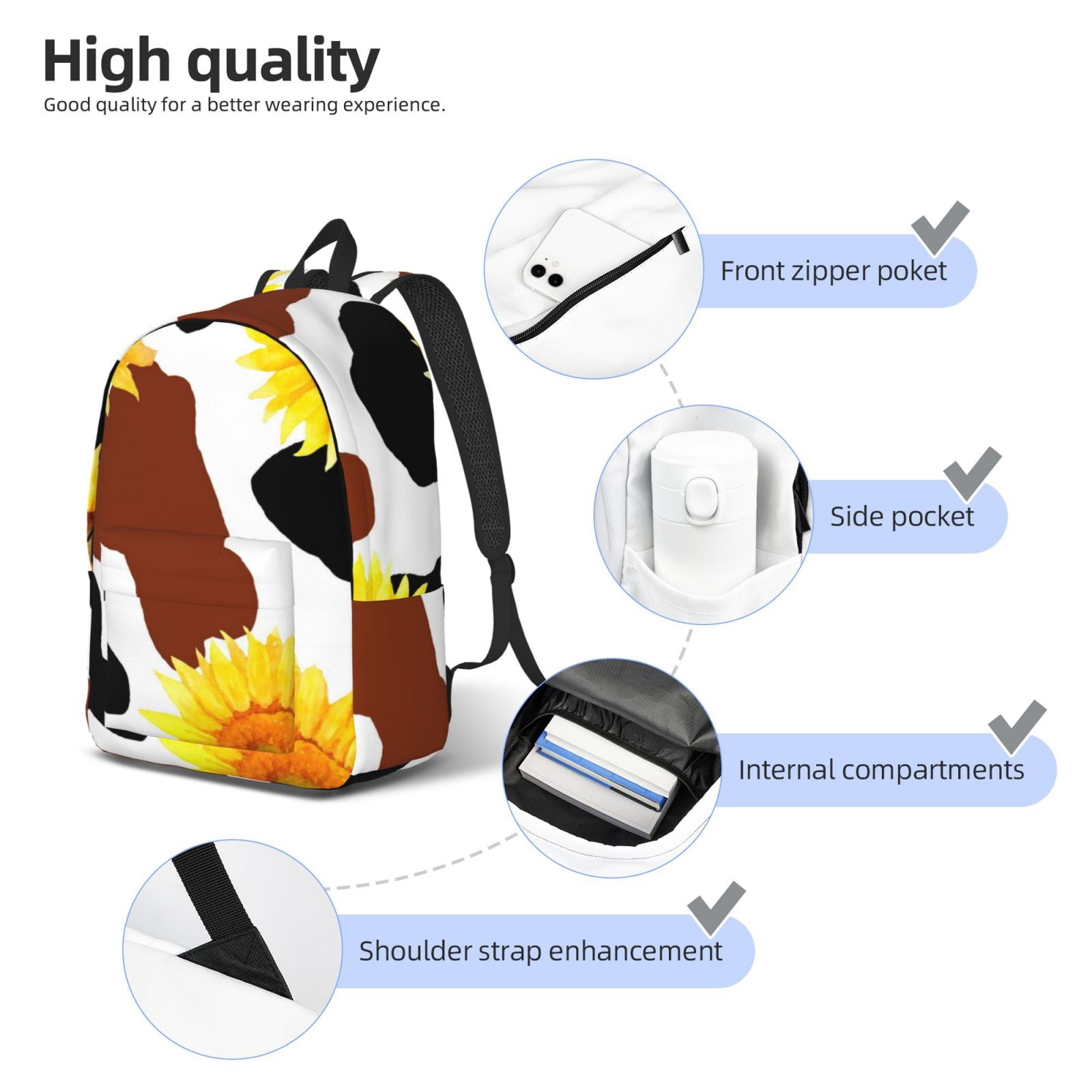 Rateoe Cow Print Sunflower Pattern Canvas College Laptop Backpack,Travel Daypack,Durable Rucksack Travel Notebook Bag School Backpack Book Bag for Men Women-Small