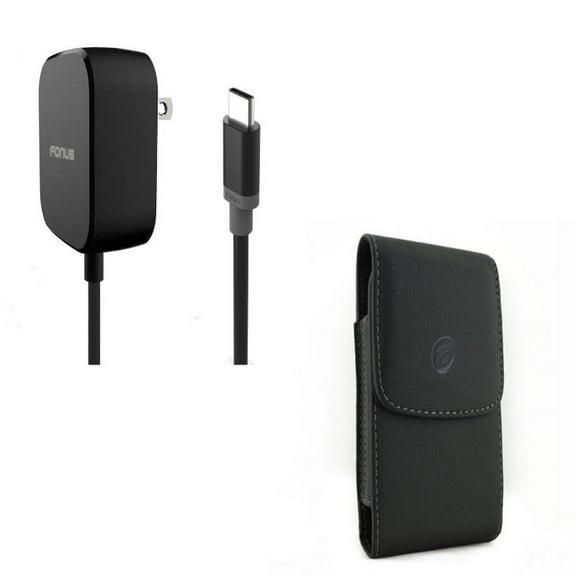 Black Vertical Leather Phone Case w 15W Adaptive Fast Quick Home Charger 5ft Long Cable Turbo Charging E7K Compatible With Google Pixel 3a XL