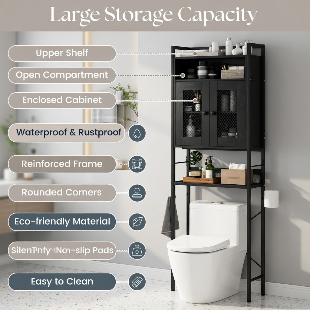 Hommoo Over-the-Toilet Storage Cabinet with Heavy-Duty Metal Frame, Farmhouse Freestanding Bathroom Organizer Adjustable Shelves, Wall-Safe Anti-Tip Design, Black