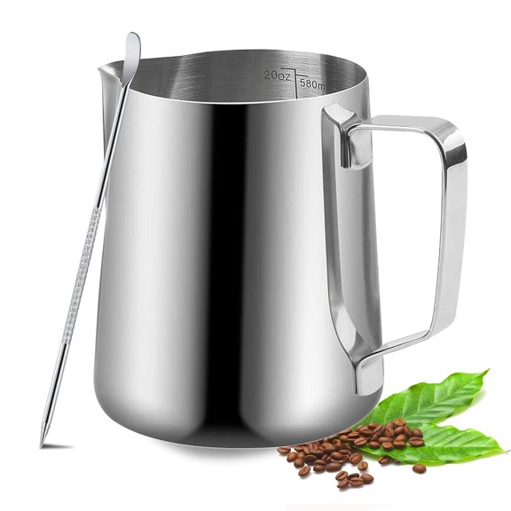 Milk Frothing Pitcher, 20oz/600ml Milk Frother Cup Stainless Steel Jug Steaming Pitcher, Milk Coffee Cappuccino Latte Art Barista Steam Pitchers Milk Jug Cup with Decorating Pen Gray