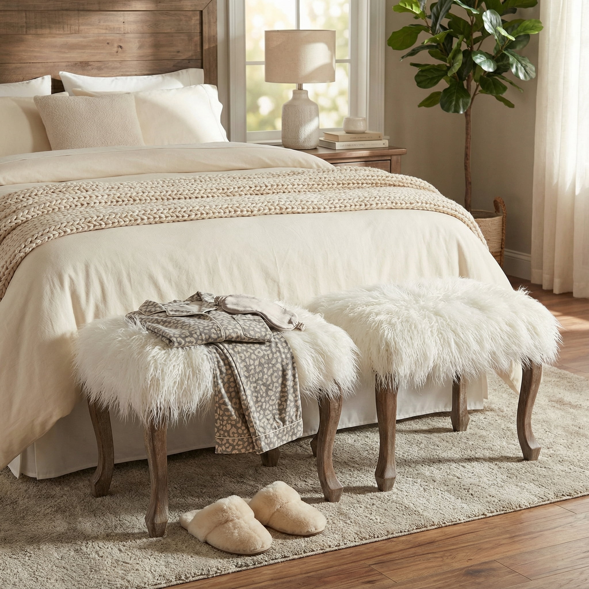 Cortesi Home Harlow Bench Ottoman, White Faux Fur with Driftwood Legs