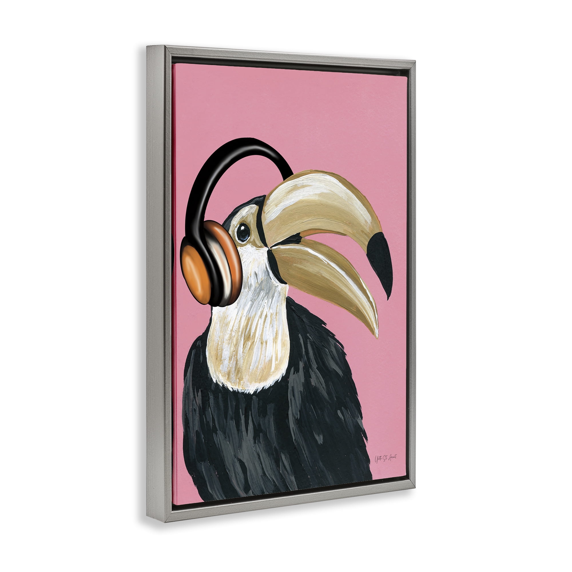 Stupell Industries Toucan & Music Headphones Animals & Insects Painting Gray Floater Framed Art Print Wall Art, 17 x 25