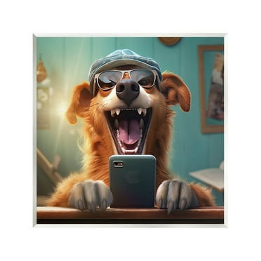 Stupell Industries Happy Dog on Cell Phone Animals & Insects Painting Unframed Art Print Wall Art, 12 x 12