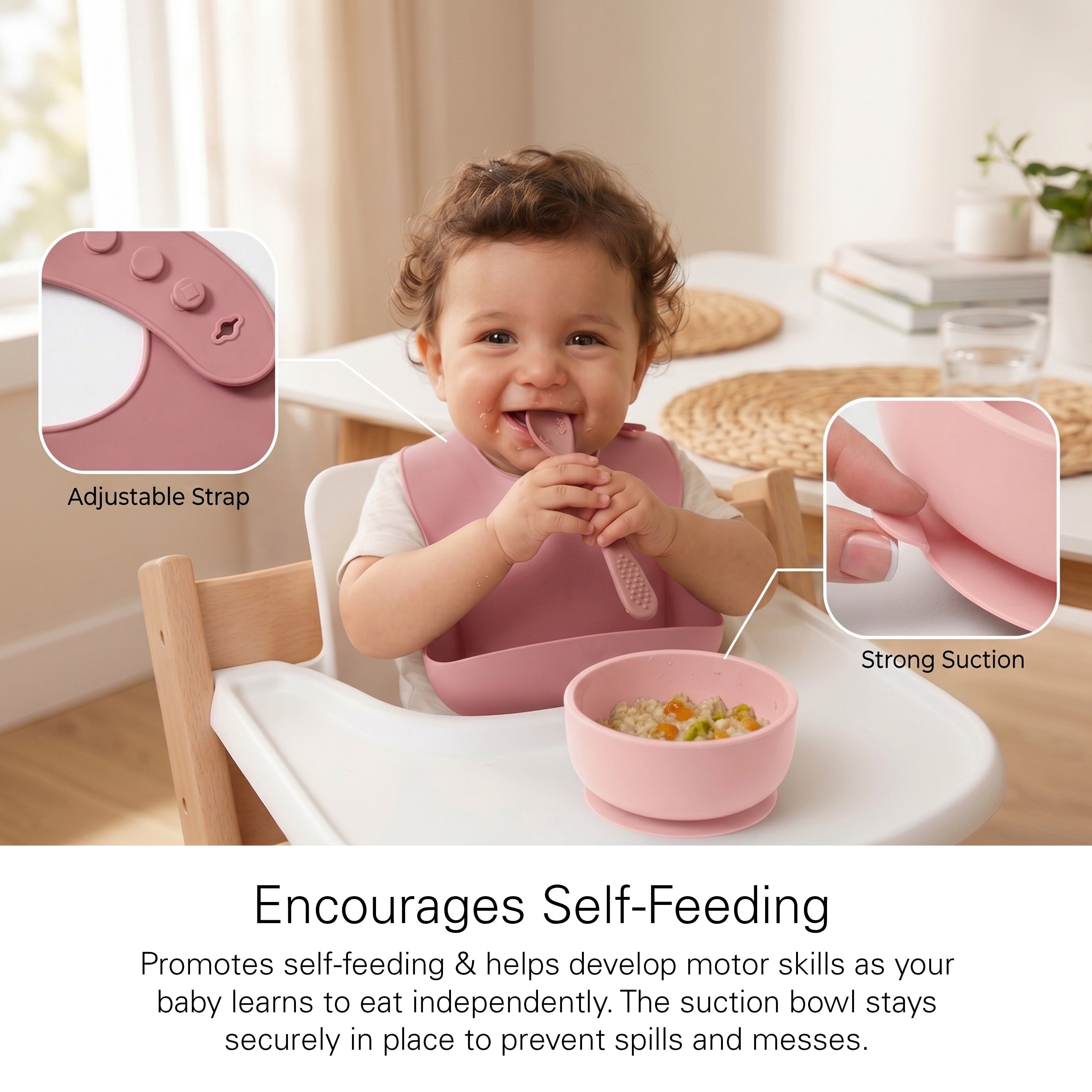 Baby Feeding Set, Silicone Bib, Bowl & Spoons for Self-Feeding First Stage Baby Essentials – Gum Friendly, BPA-Free, Easy to Clean & Safe for Babies, Pink