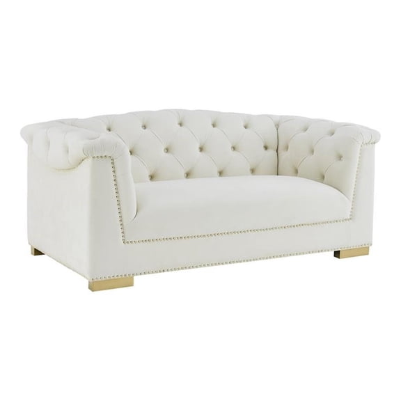 Pemberly Row 29.9"H Modern Velvet and Pine Wood Loveseat in Cream/Gold