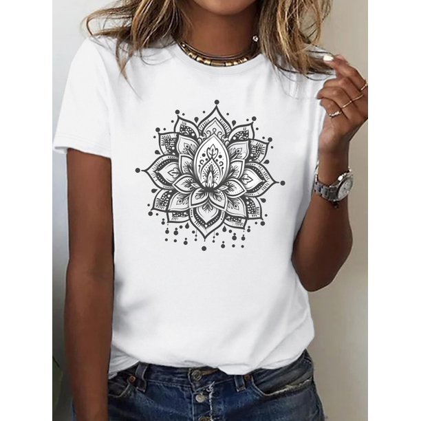 Camiseta ligera de algodón estampada para mujer: Camisa de manga corta cómoda con cuello redondo, 1 pieza, camiseta informal