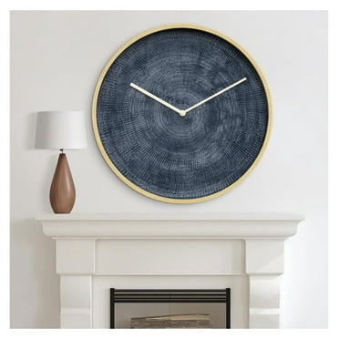 24 Inches Round Wooden Wall Clock Silent Battery Operated, Home Decorative Large Wall Clock, Navy Blue Geometric Circle Clock Wall Art Decor for Living Room Kitchen Bedroom Classroom