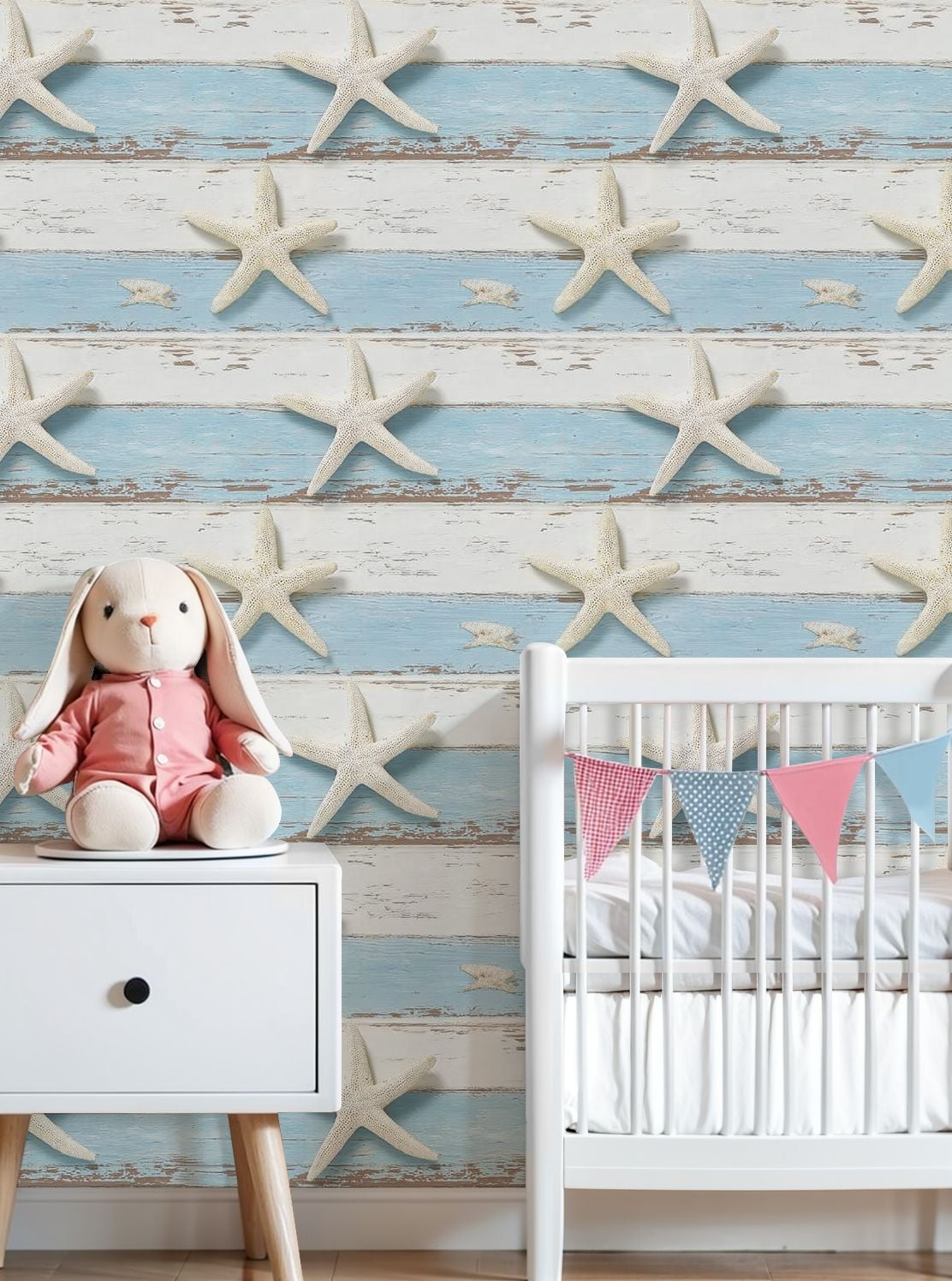 Coastal Peel and Stick Wallpaper White Starfish Distressed Blue White Wooden Plank Contact Paper 23.6in x 9.8ft Wallpaper Removable Self Adhesive Wall Paper for Bedroom