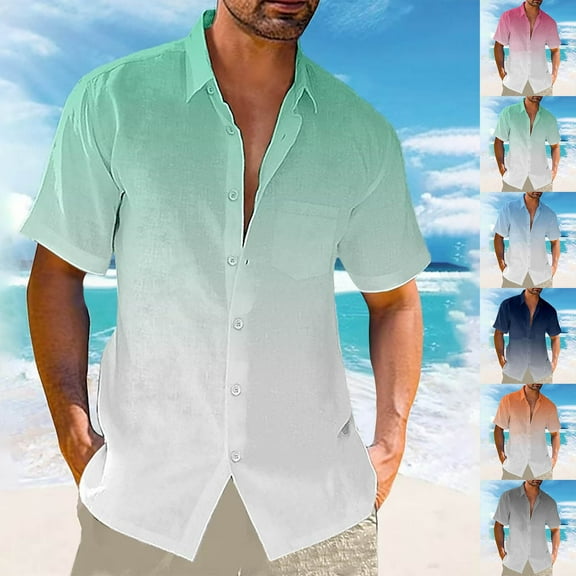 UVEASISHA Clearance Sales Today Mens Gradient Linen Shirts Lightweight Casual Short Sleeve Button Down Shirt Beach Breathable Loose Hawaiian Shirts with Pocket Blue L