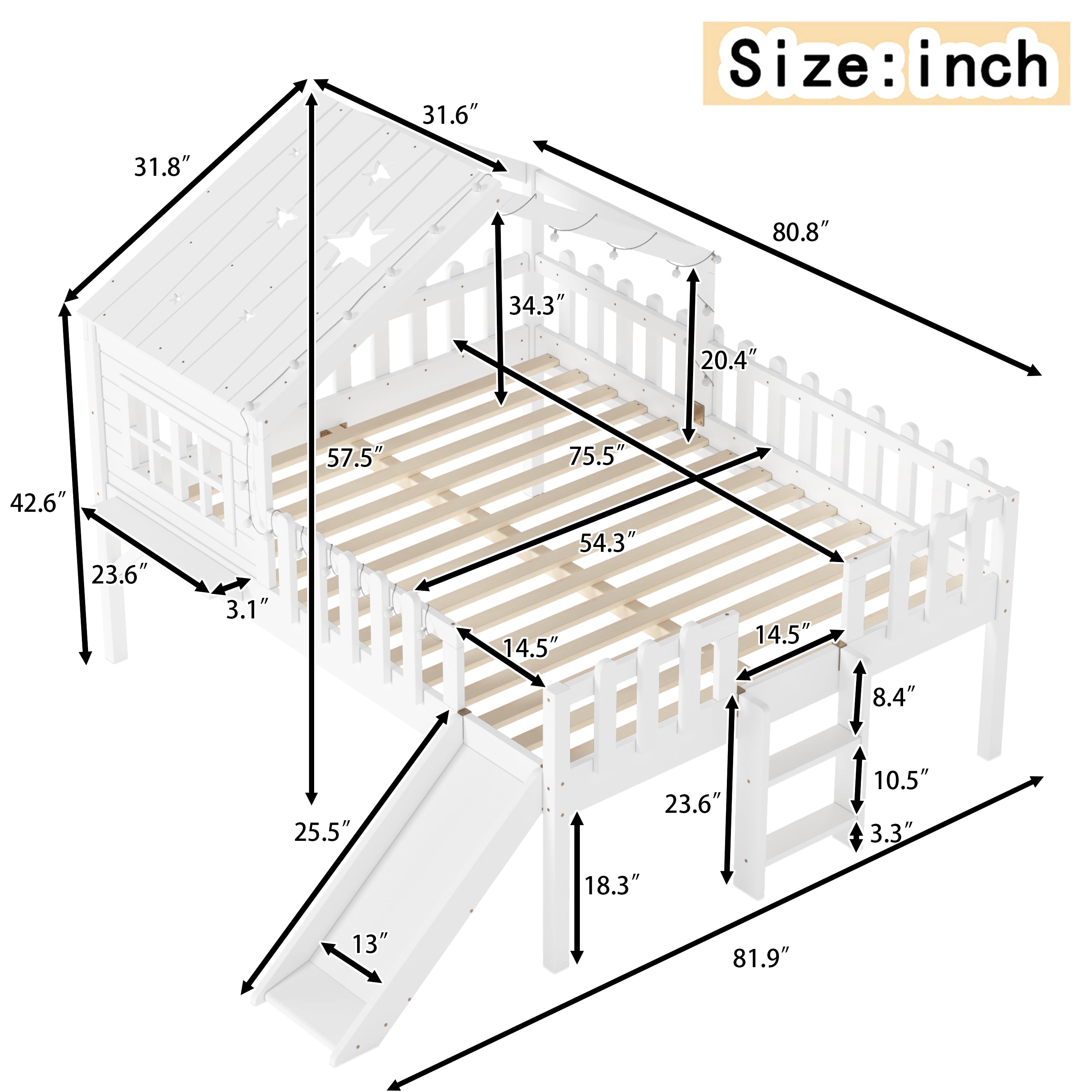 Mintazer Full Size Kids House Loft Bed with Slide & LED Lights, Modern Playhouse Bed with Star Shaped Designs & Ladder, No Box Spring Needed, White