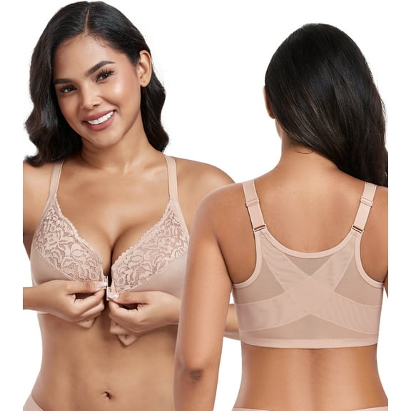 Exerin Women's Front Closure Non Padded Underwire Plus Size Posture Back Support Bra(38DD,Beige)