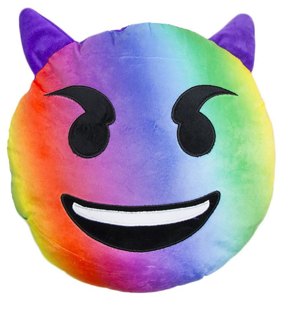 Top Trenz Emoji Pillow Tie Dye Rainbow Devil Pillow Cushion, 14 x 14