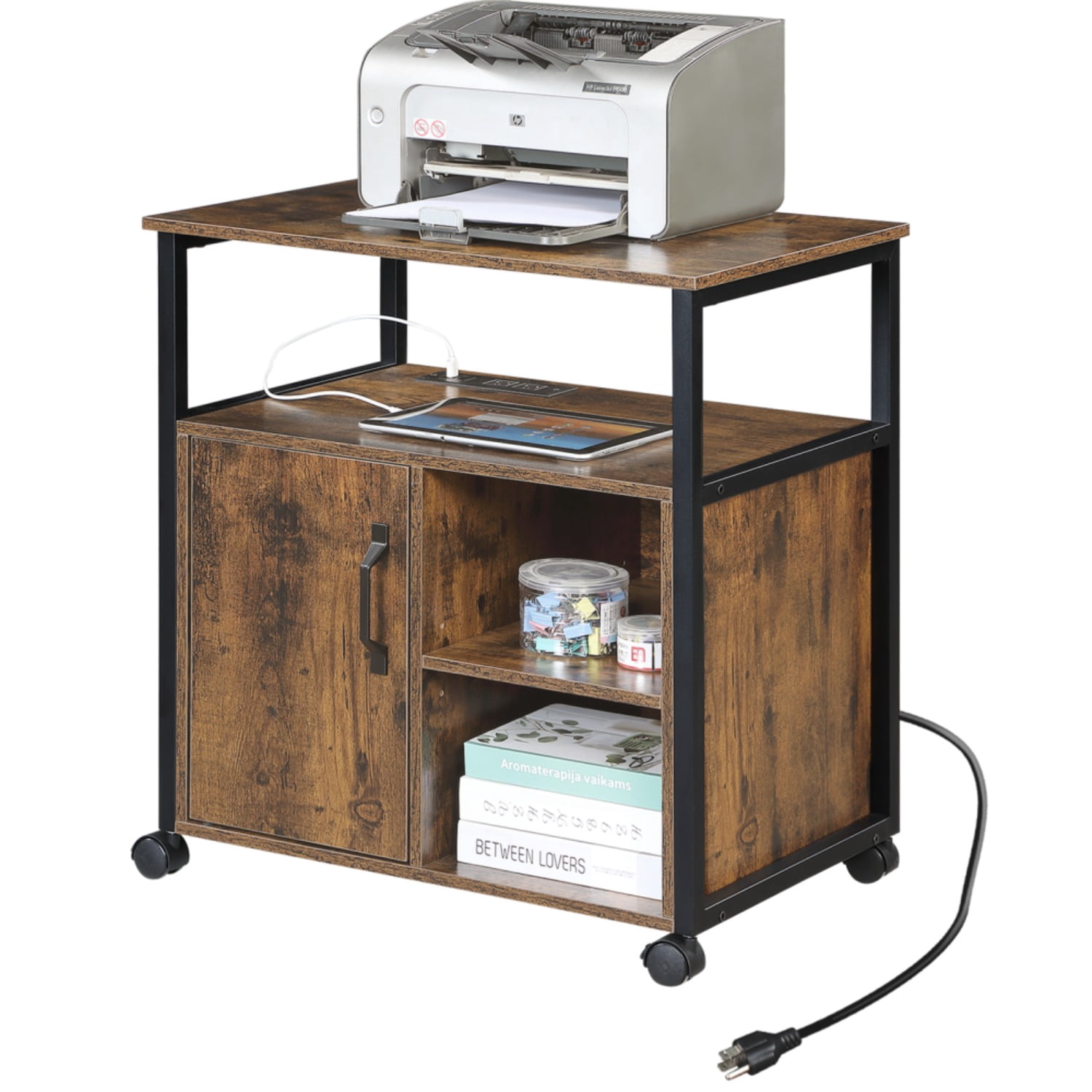 File Cabinet,Office Filing Cabinets with Socket and USB Charging Port,Printer Stand with Storage for A4, Letter Size,Metal Side Frame ,Easy Installationfor Home Office, Rustic Brown+Black