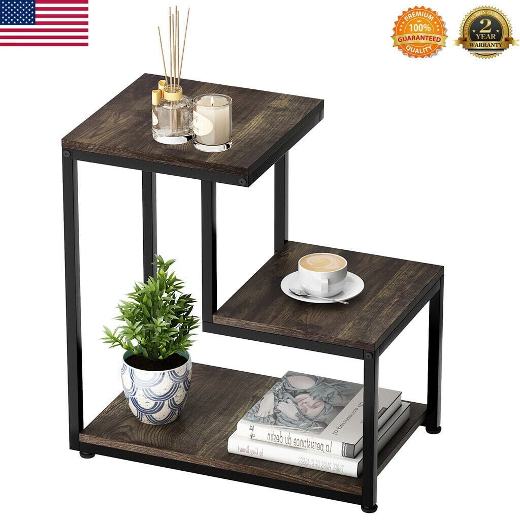 3Tier Sofa Side Table LadderShaped End Table with Sturdy Metal Frame Nightstand with Storage