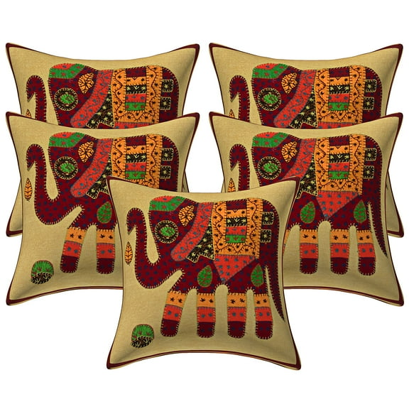 Stylo Culture Ethnic Sofa Throw Pillow Covers 16x16 Applique Patchwork Maroon Bohemian 40x40 cm Bed Room Cotton Elephant Square Cushion Covers | Set Of 5
