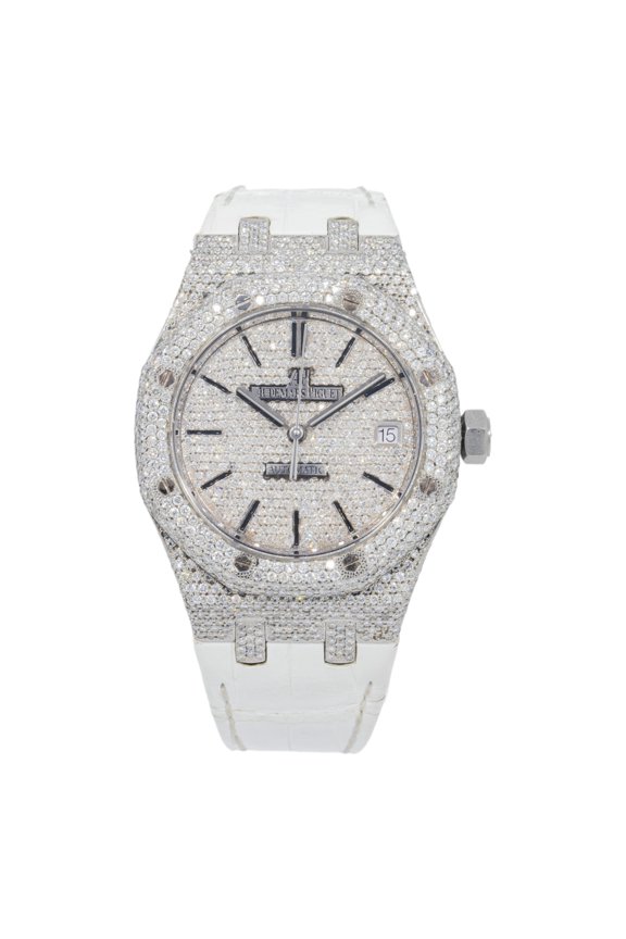 Pre-Owned Audemars Piguet Royal Oak Selfwinding 37MM 15450ST Diamond Paved Dial Custom Aftermarket White Alligator Leather Strap