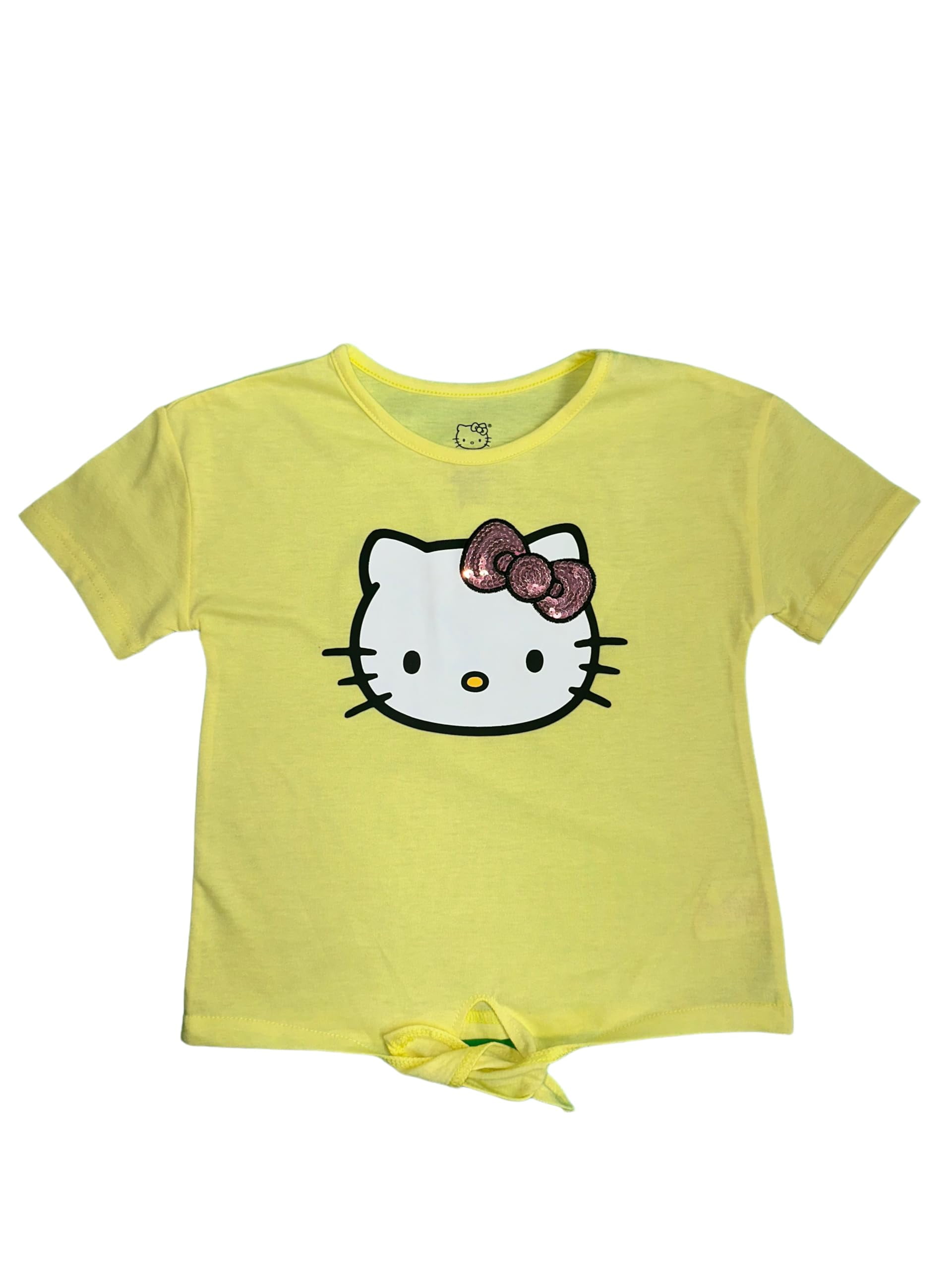 Hello Kitty Girls 2-Piece Fashion Tee Shirt and Active Short Set with Tie Front Top and Fashion Dolphin Shorts Summer Clothes for Little Girls (Yellow, 3T)
