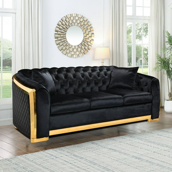 Velvet Luxury Chesterfield Sofa Set, 84 Inches Tufted 3 Seat Couch with Gold Stainless for Living Room (Black)