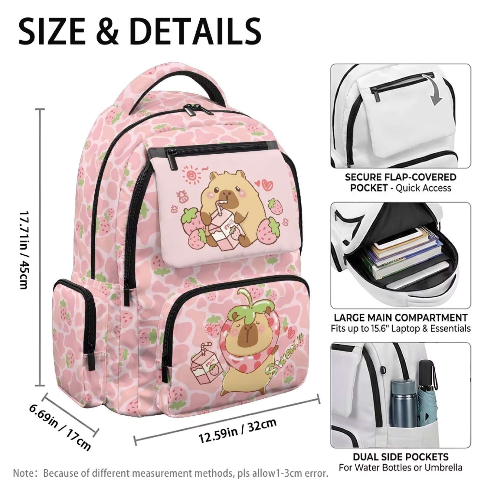 Mochila KUIFORTI Capybara Fresa para Niñas de Primaria y Secundaria, Ligera con Bolsillos Laterales, Mochila Escolar para Estudiantes 7
