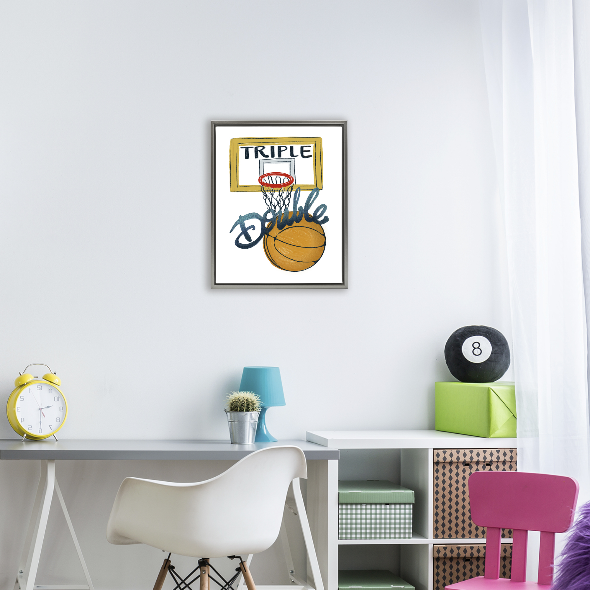 Triple Double Basketball Gray Framed Floater Canvas Wall Art, design by Connie Summers
