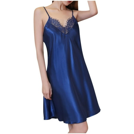 BRGZLK Sleepwear Sexy Lingerie Nightgown Lace Chemise Satin Slip Silk Negligee Nightie Bridal Babydoll for Women Dark Blue L