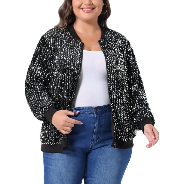 Chaqueta de lentejuelas para mujer GRACE & GRANDEUR, talla grande, con brillo, de manga larga, con cierre frontal, chaquetas bomber 2X plateadas