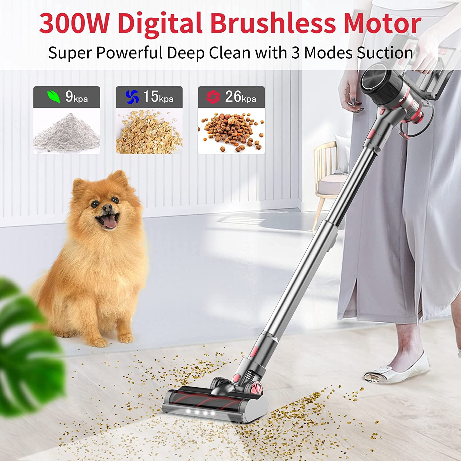 Cordless Vacuum Cleaner, Brushless Motor with 26Kpa Powerful Suction Stick Vacuum, Up to 45Mins Max Runtime Detachable Battery