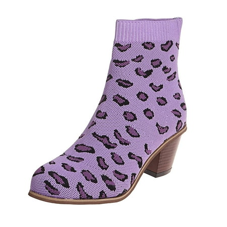 

GNEIKDEING Ladies Sexy Leopard Print Breathable Knitted Elastic Boots Chunky High Heel Booties Gift on Clearance