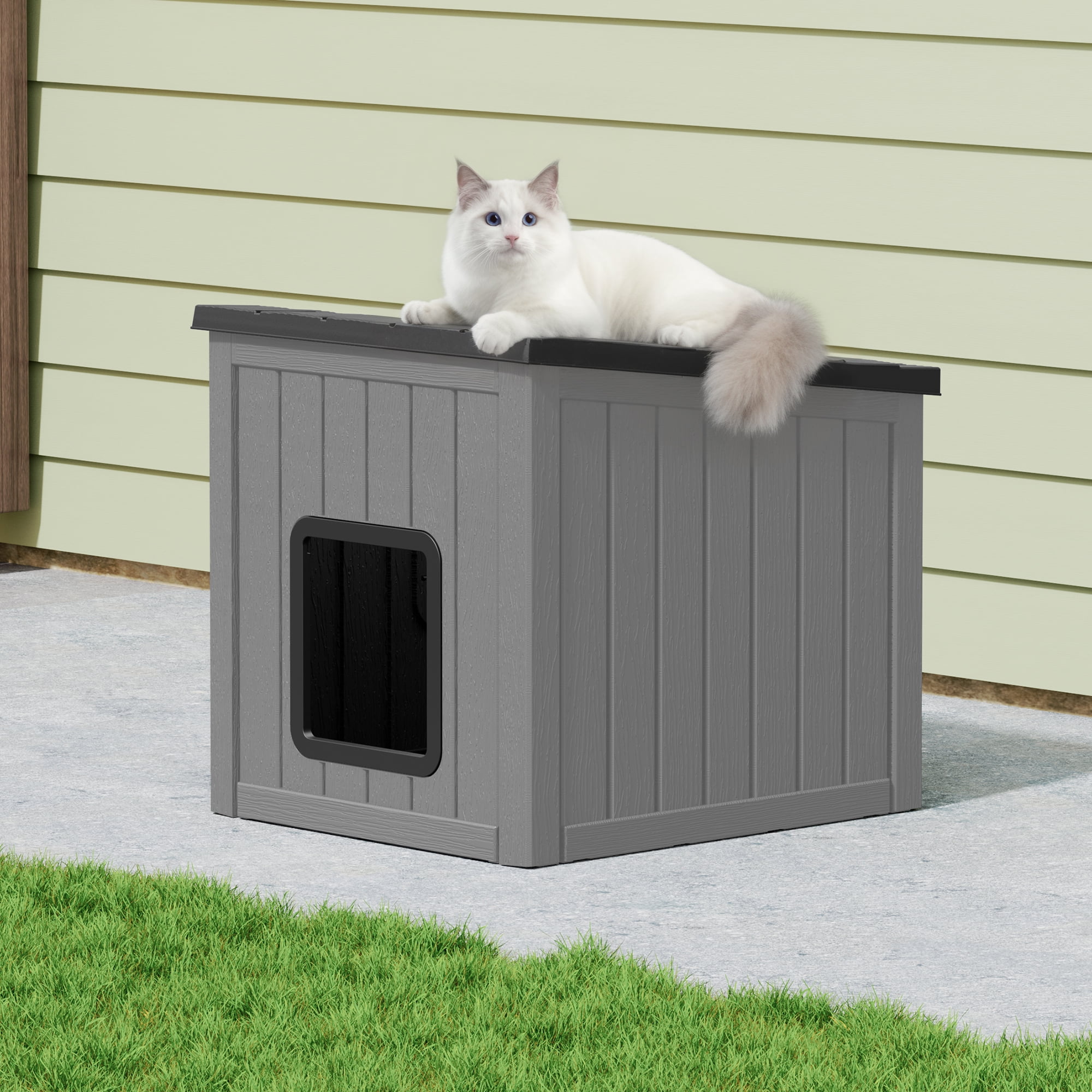 LHBcraft Outdoor Cat House,Durable Insulated PP Shelter for Feral Kittens,Weatherproof Shelter for Garden,Gray & Black