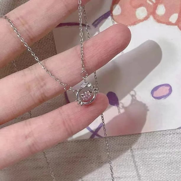 Collar de cristal Rosa Sanrio de Hello Kitty, cadena de joyería de Anime de aleación de plata, encanto femenino, accesorios de San Valentín, regalo para niña