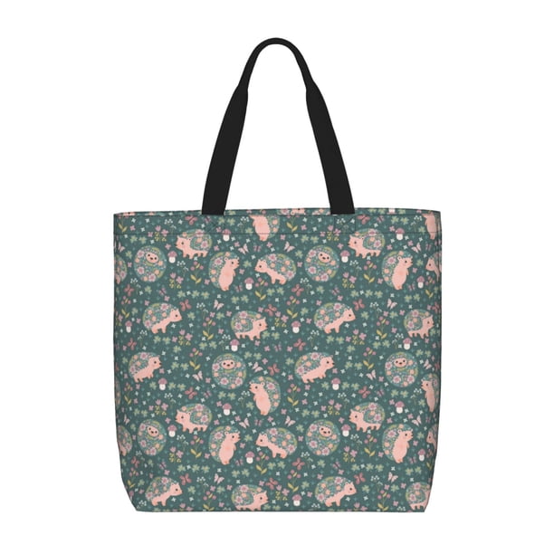 Fotbe Hedgehogs and Flowers Bolsa Tote con Estampado para Mujer, Bolsos con Cremallera, Bolsa de Hombro Casual de Gran Capacidad con Bolsillos Internos