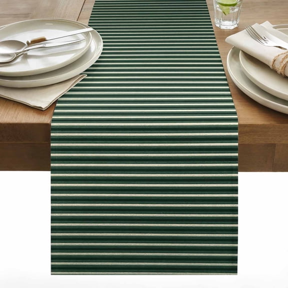 Green Stripes Table Runner 13x108 inch Texture Cotton Linen Dining Table Runner Ideal for Dresser Kitchen Coffee Tables - Machine Washable