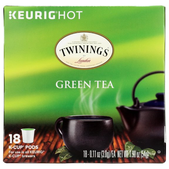 Twinings Green Tea K-Cup Pods, Pure Caffeinated, 18 Count – Premium London Blend, Single-Serve Pods