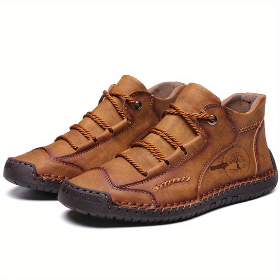 Geometric Pattern Men's Hand-Stitched Casual Shoes | [Hand-Stitched Casual Shoes] All-Season Non-Slip Rubber Sole & Upper - Lace-Up Outdoor Walking Shoes for Hiking, Urban Adventures,