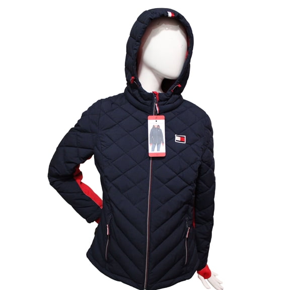 Tommy Hilfiger Women Hooded Zip Front Short Packable Jacket, Navy, Medium