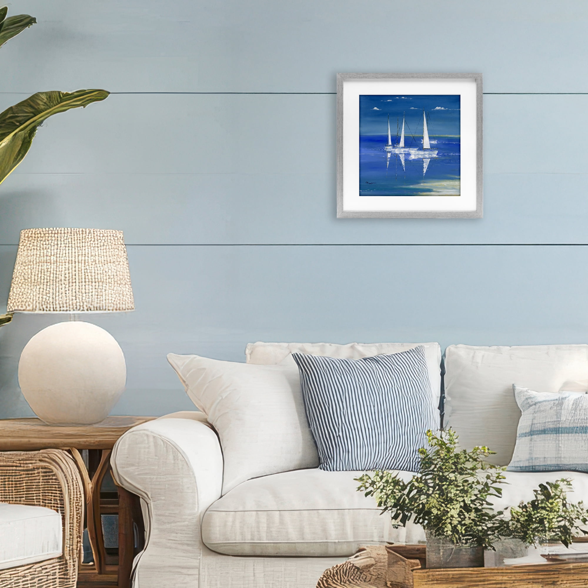 Stupell Industries Serenity Sailboats Reflected on Water Gray Framed Print Under Glass, design by Paul Brent
