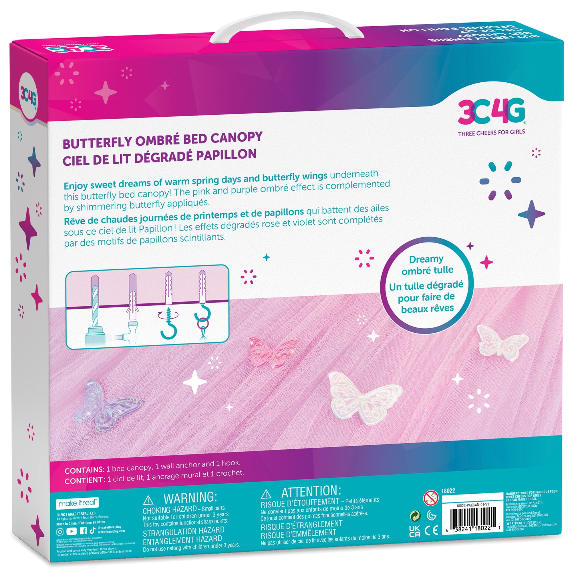 Three Cheers for Girls: Butterfly Ombre Bed Canopy - Pink & Purple Shimmering Butterflies, Bedroom Accessory, Fits Twin/Full/Queen, Kids Ages 6+
