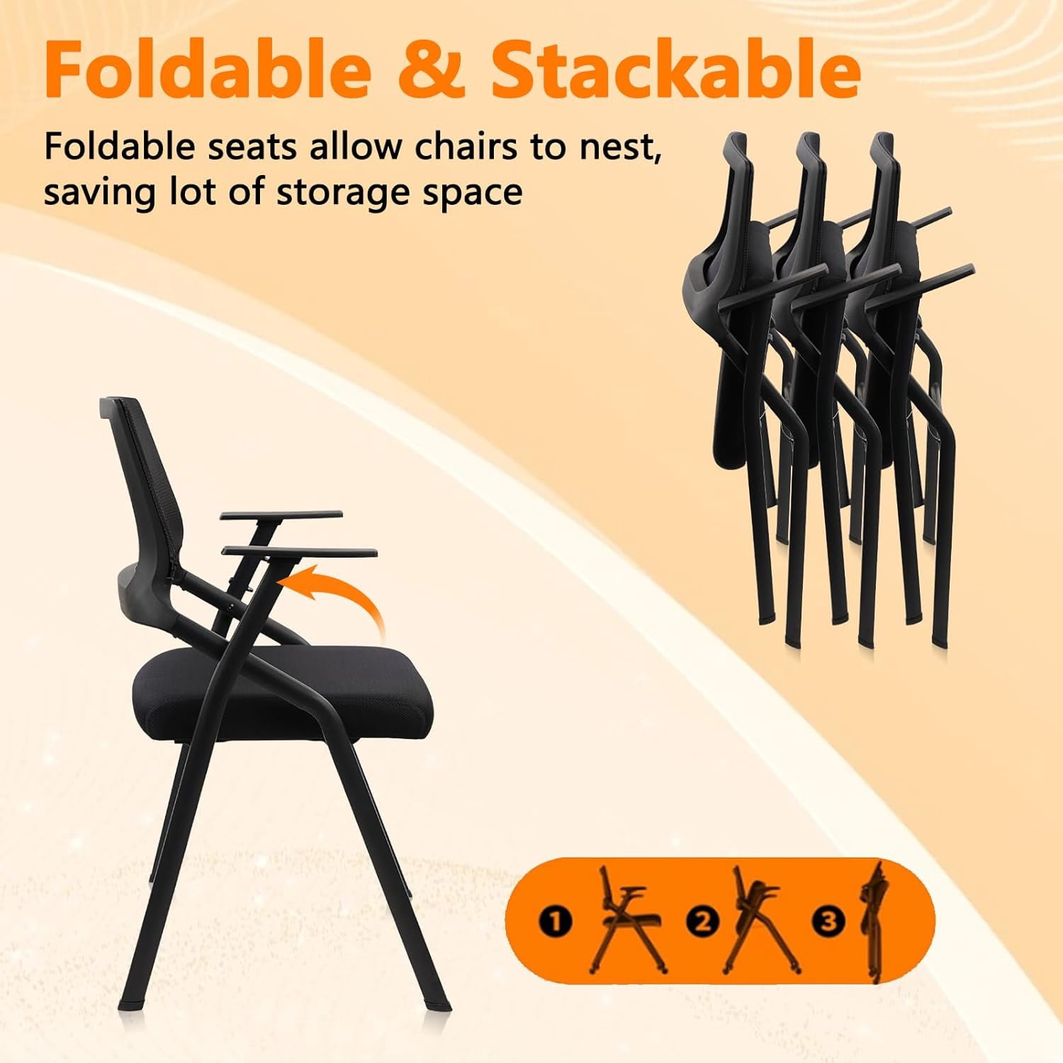 CLATINA Stackable & Foldable Office Chairs with Ergonomic Lumbar Support and Thickened Seat Cushion, Folding Mesh Fabric Reception Guest Chair for School Church Conference Waiting Room Black (4 pk)