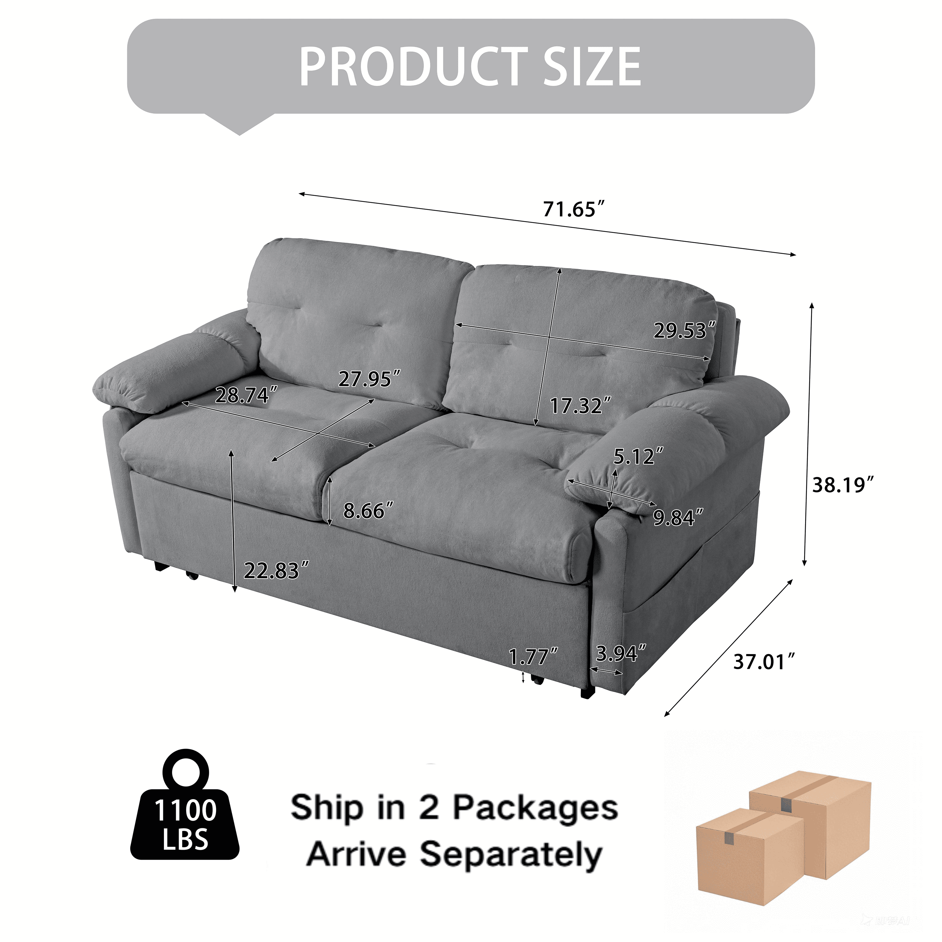 Convertible Pull-Out Queen Sleeper Sofa, 3-in-1 Sofa Bed with Side Storage & 8 Silent Casters, Thick Padded Chenille Loveseat for Living Room, Bedroom, Apartment, Grey
