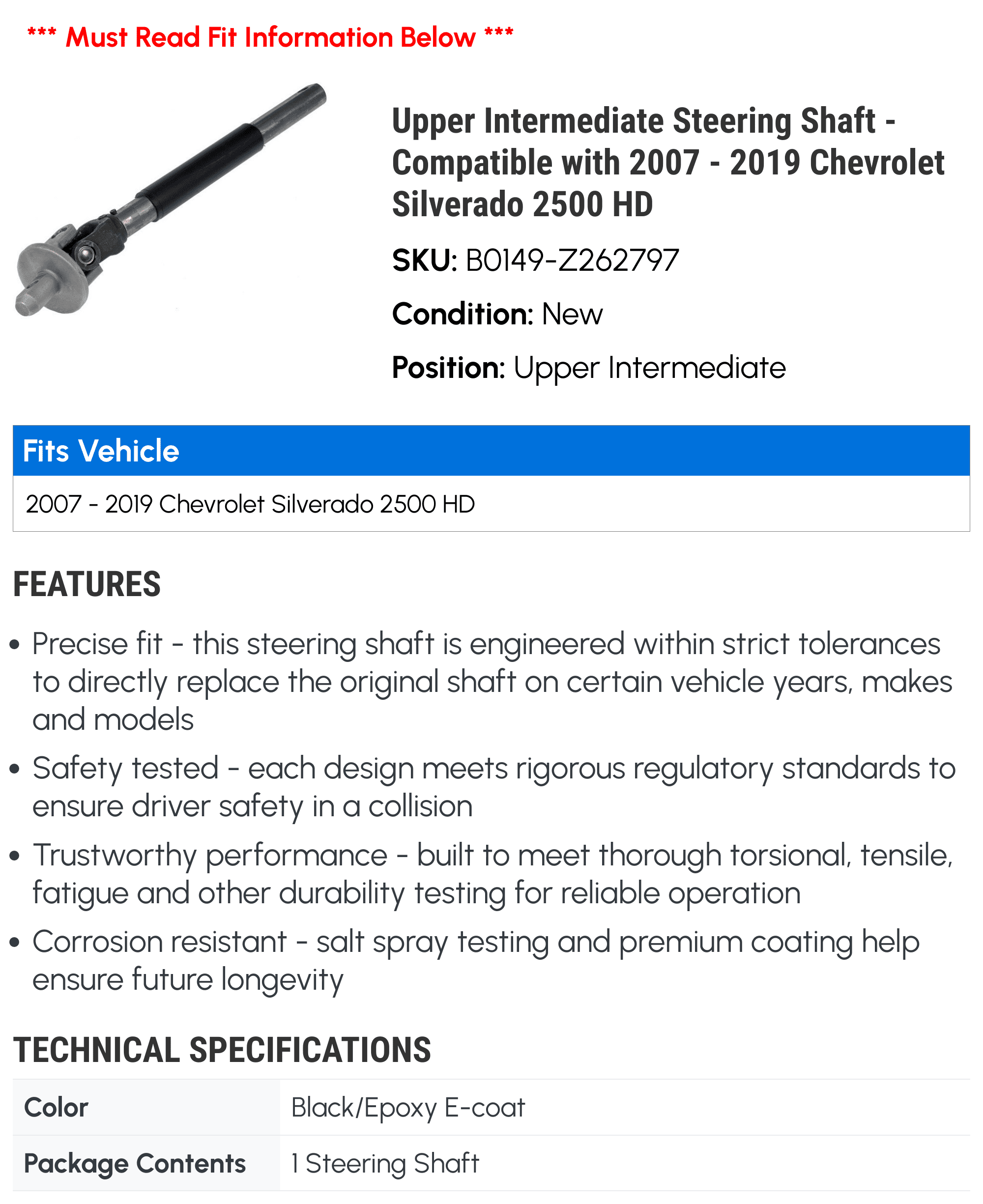 Upper Intermediate Steering Shaft - Compatible with 2007 - 2019 GMC Sierra 1500 2008 2009 2010 2011 2012 2013 2014 2015 2016 2017 2018