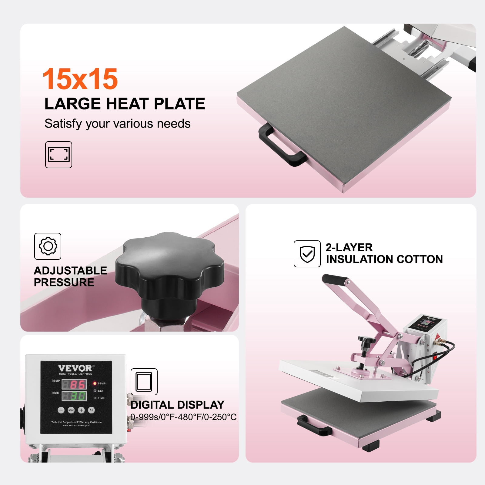 VEVOR Heat Press, 15 x 15 inch Digital Heat Press Machine, Slide Out Heat Transfer Machine, Fast and Even Heating, 2-Layer Insulation Cotton, Heat Transfer Machine for T-Shirts/Pillows/Bags, Pink