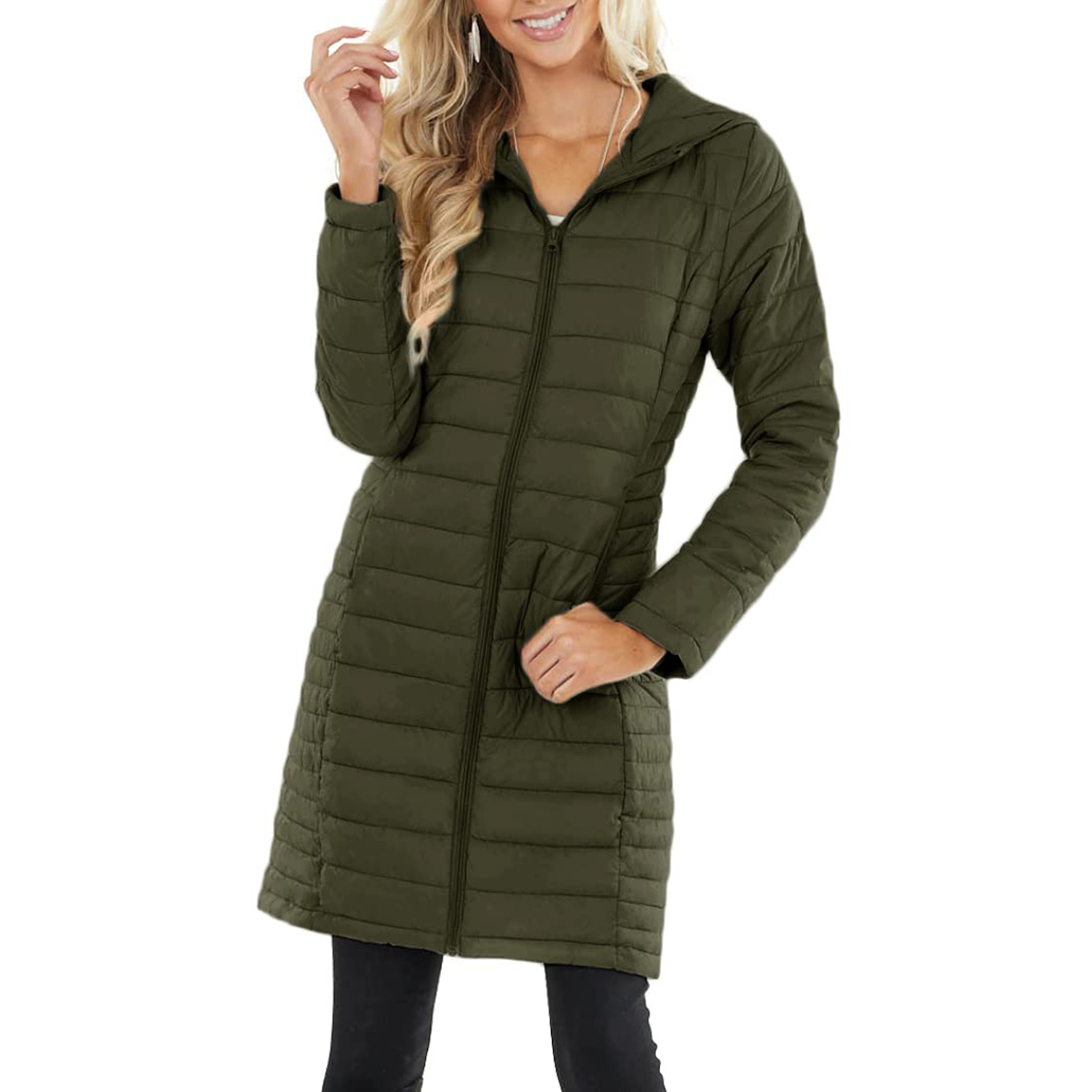Ruanyu Womens Winter Lightweight Hooded Coat Long Sleeve Warm Zipper Outwear Casual Mid Length
