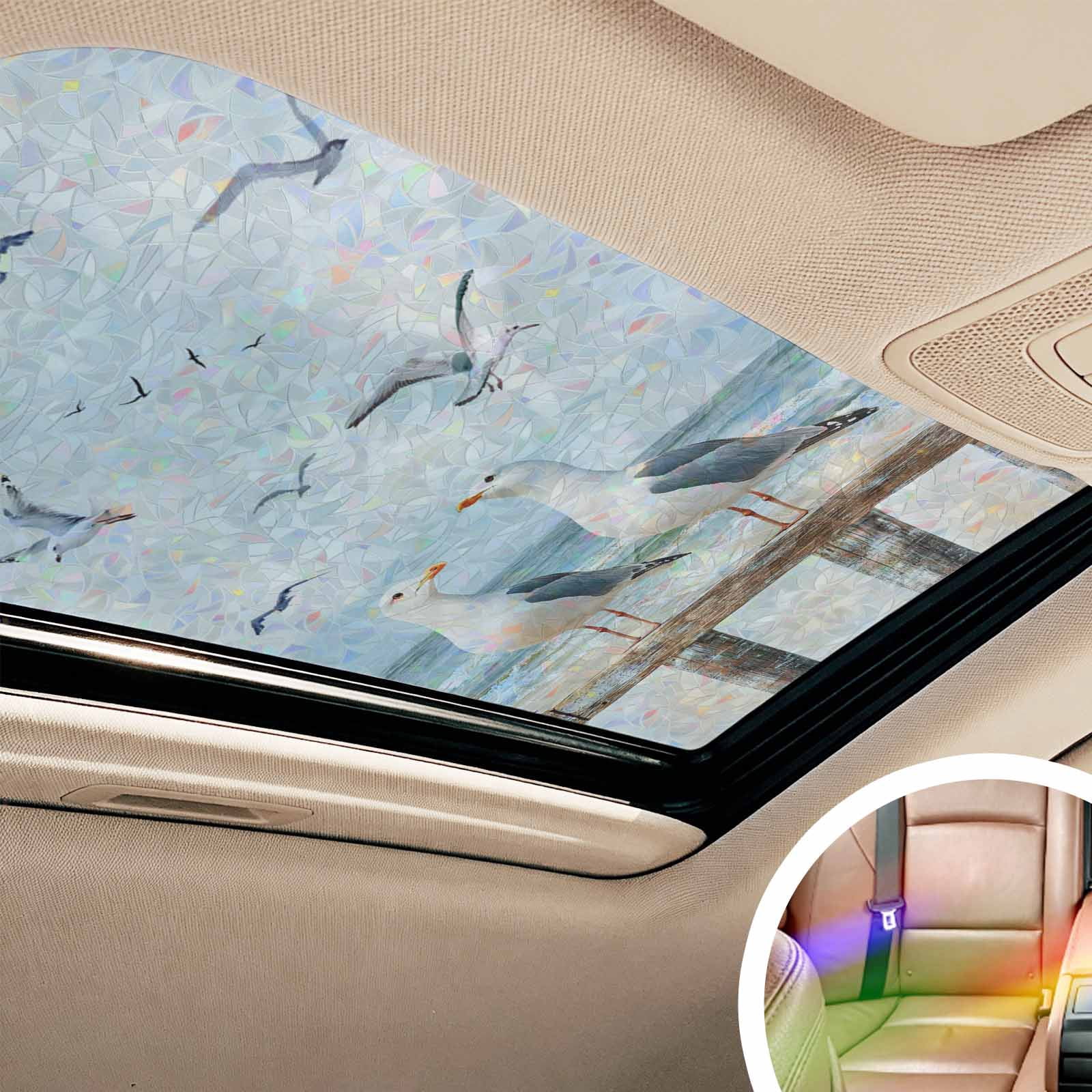 Rainbow Window Privacy Film, Coastal Seagull Static Cling Decorative Window Film PVC, Summer Beach Ocean Birds Retro No Glue UV Blocking Glass Covering, Removable Stained Glass Sticker 23.6''x59''