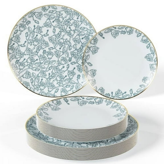 40-Piece Disposable Plastic Plates Set - Elegant Rose Design - Service for 20 Guests by Crown Display™